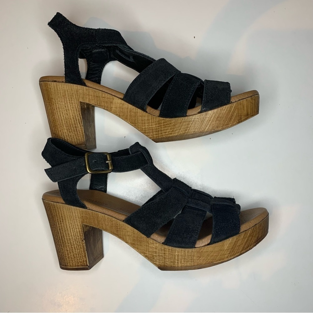 ERIC MICHAEL - SAVY Black Suede Wooden Style Platform Sandals - Picture 1 of 9